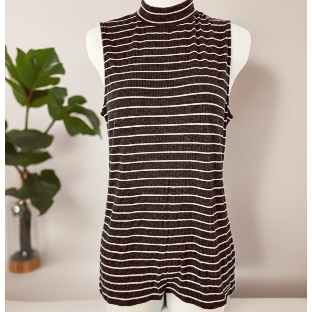 Michael Michael‎ Kors Mock Neck Tank Women L Black White Striped Ribbed Knit Top